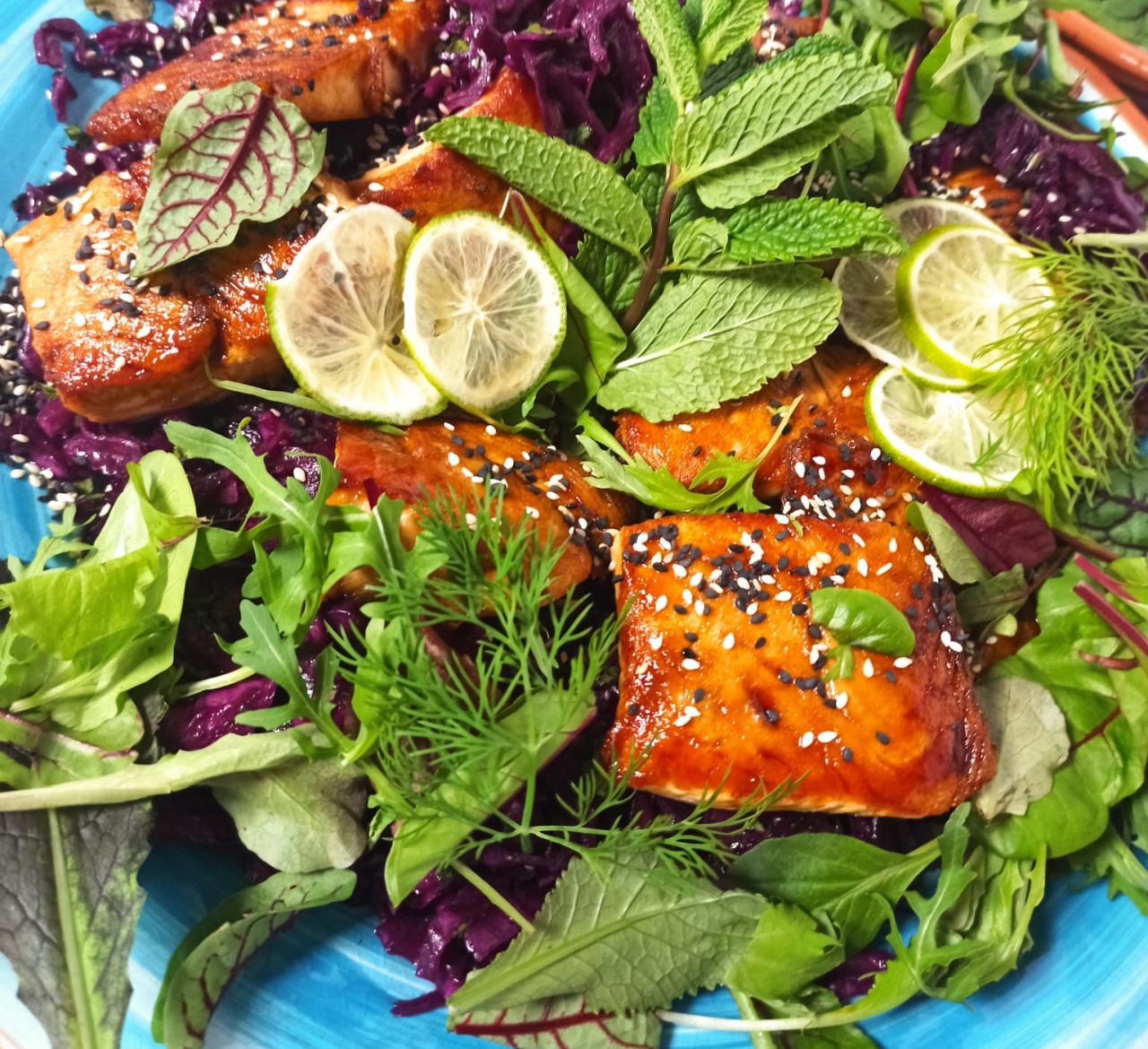 Lachs mit Rotkohl, Minze und Dill