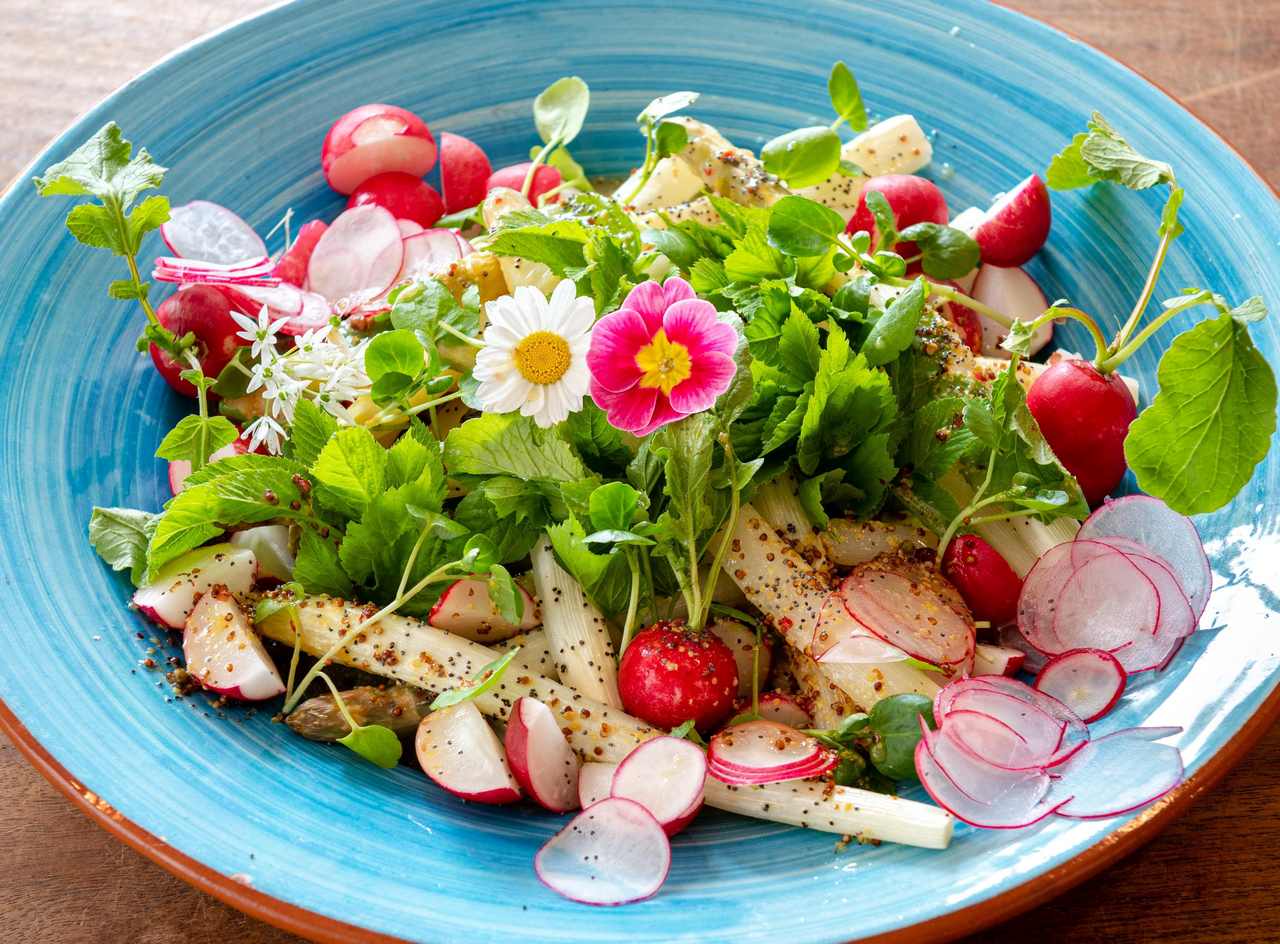 Fruehlings Menue Catering Kunz-Mahl Koeln auch prima fuer Kommunion, Konfirmation und Familienfeiern: Spargel mit Radieschen, vegetarisch und vegan